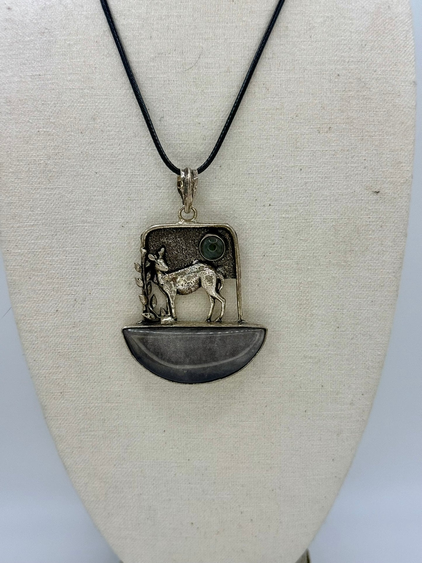 Silver Sheen Obsidian and Labradorite Deer Forest Pendant