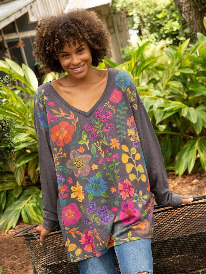 One Size Cotton Long Sleeve Easy V-Neck Tee