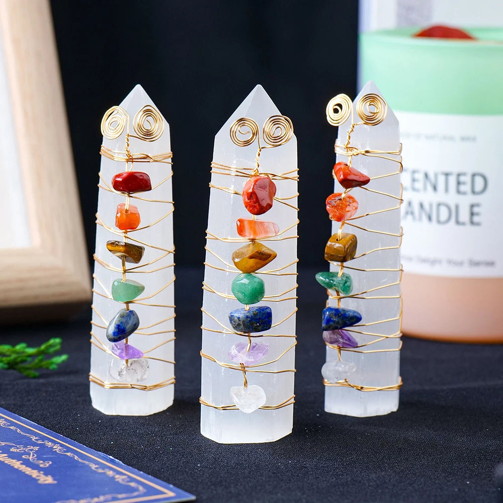 Selenite Chakra Healing Pillar – Handcrafted Crystal Tower with Copper Wire and Chakra Stones
