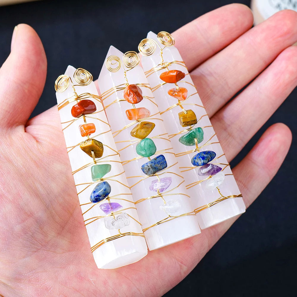 Selenite Chakra Healing Pillar – Handcrafted Crystal Tower with Copper Wire and Chakra Stones