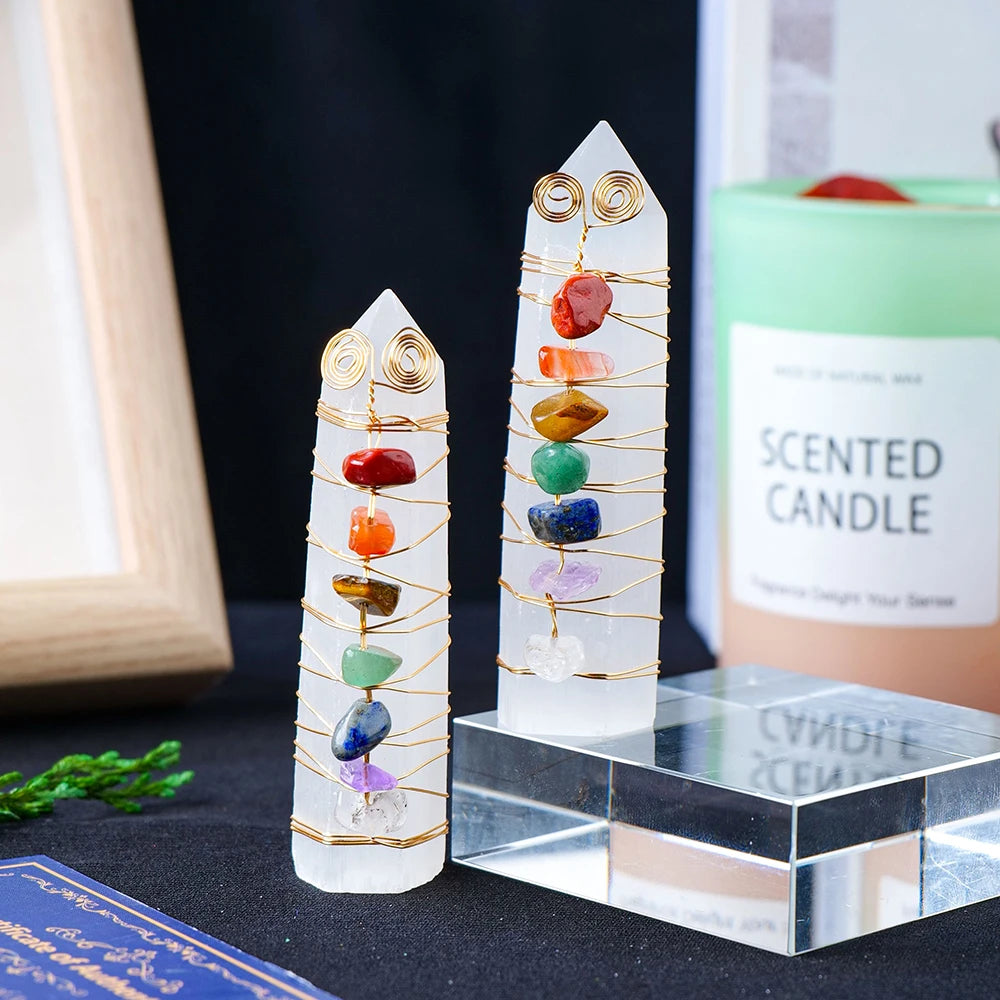 Selenite Chakra Healing Pillar – Handcrafted Crystal Tower with Copper Wire and Chakra Stones