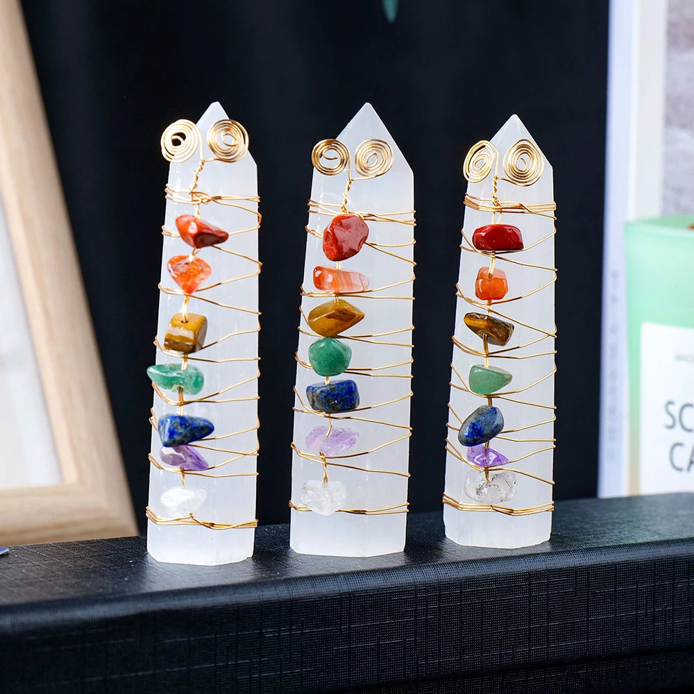 Selenite Chakra Healing Pillar – Handcrafted Crystal Tower with Copper Wire and Chakra Stones