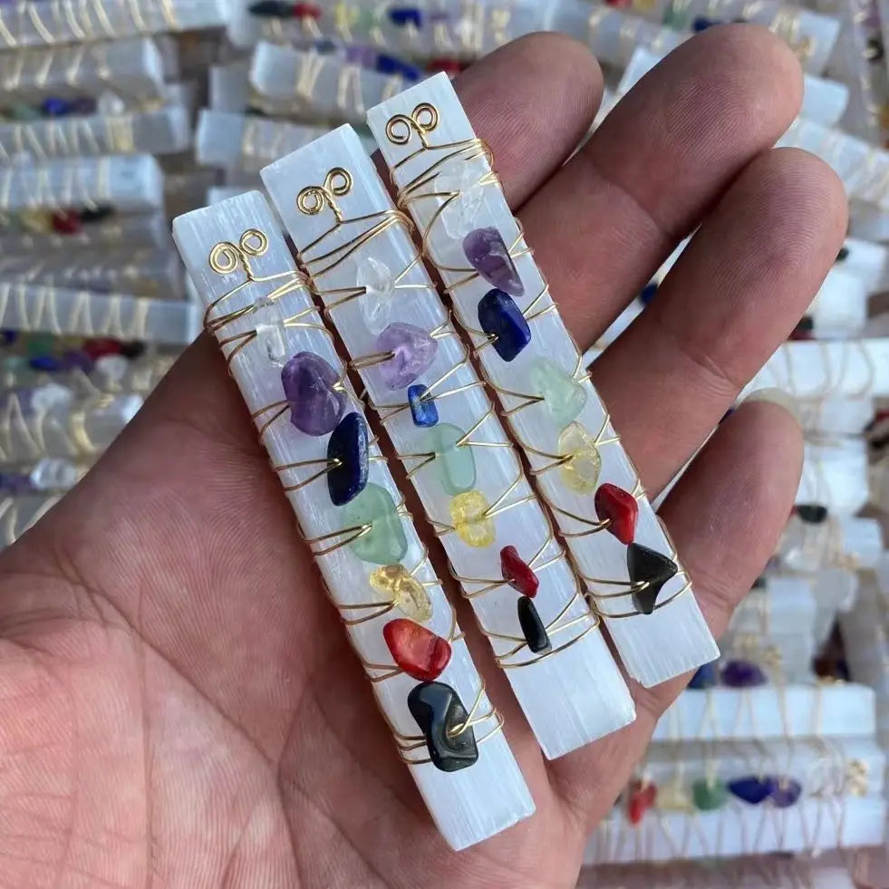 Seven Chakra Healing Selenite Wand - Crystal Energy Tool with Copper Wire