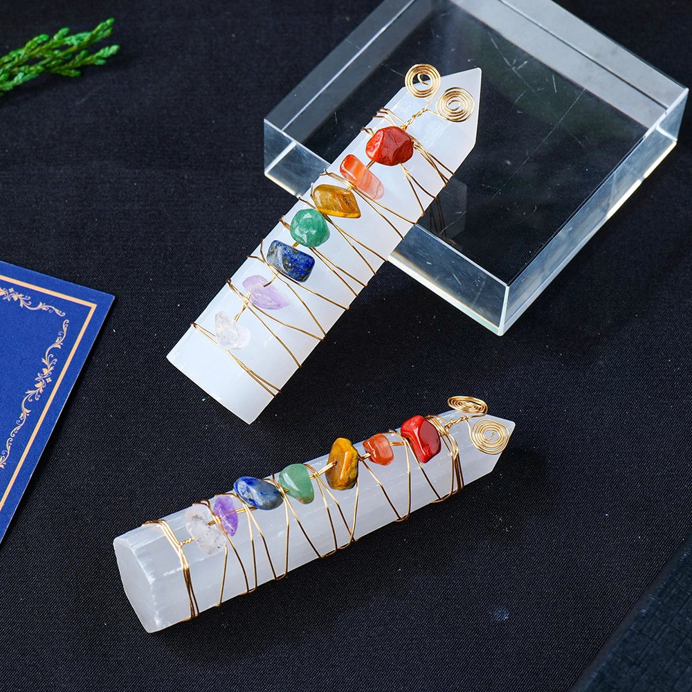 Selenite Chakra Healing Pillar – Handcrafted Crystal Tower with Copper Wire and Chakra Stones