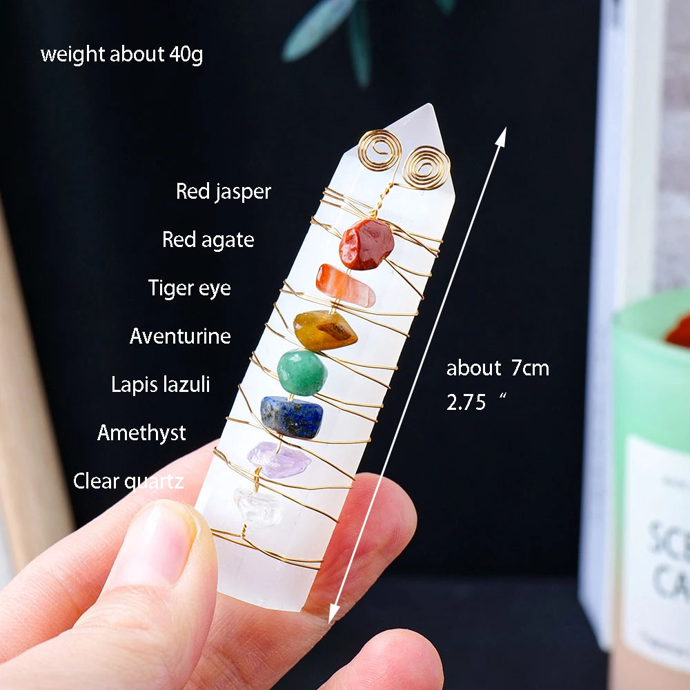 Selenite Chakra Healing Pillar – Handcrafted Crystal Tower with Copper Wire and Chakra Stones