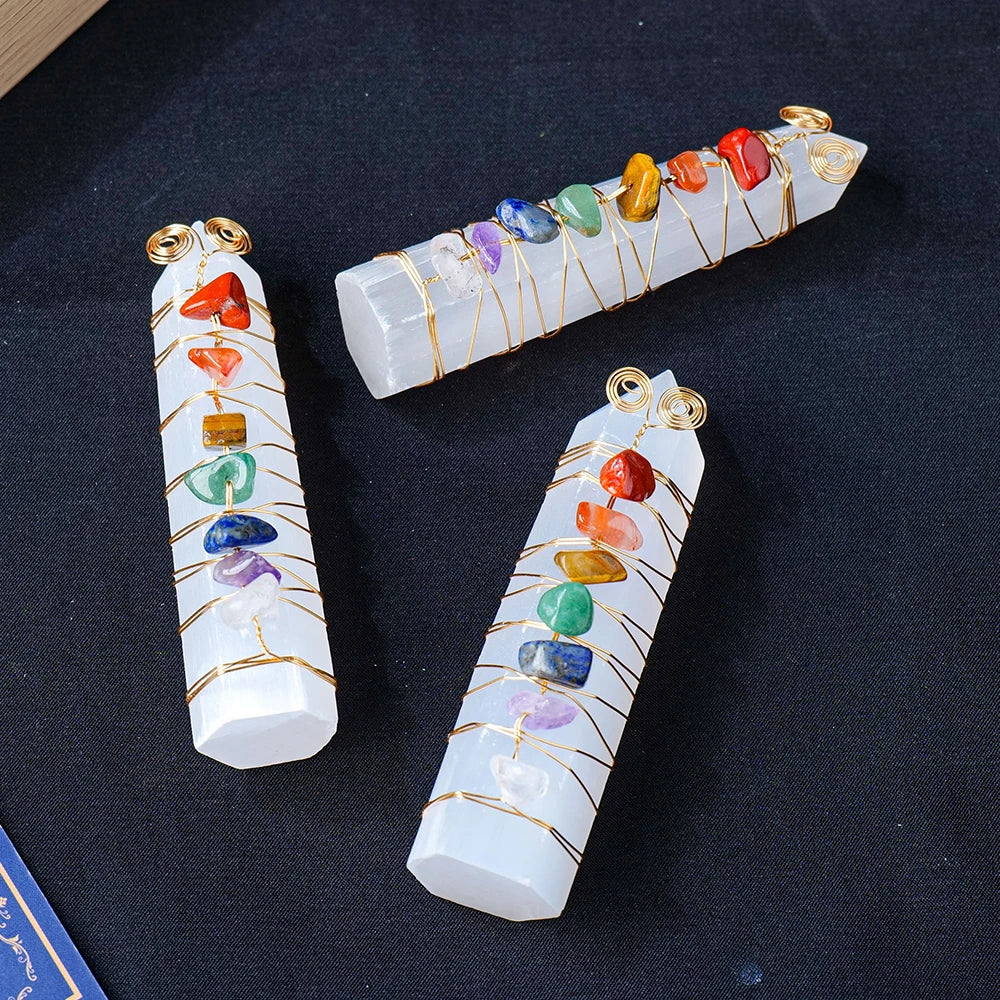 Selenite Chakra Healing Pillar – Handcrafted Crystal Tower with Copper Wire and Chakra Stones