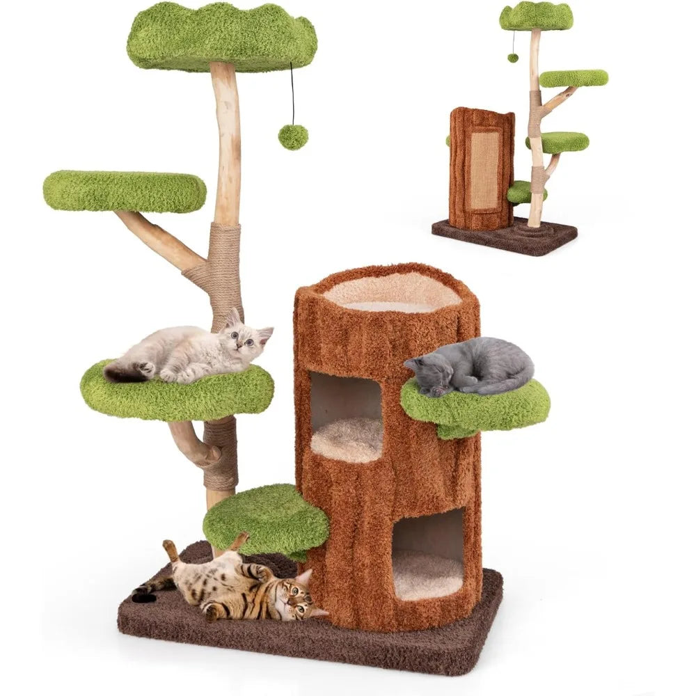 XL Wood Cat Tree, Multi-Level Cat Tower with Double Decker Cat House