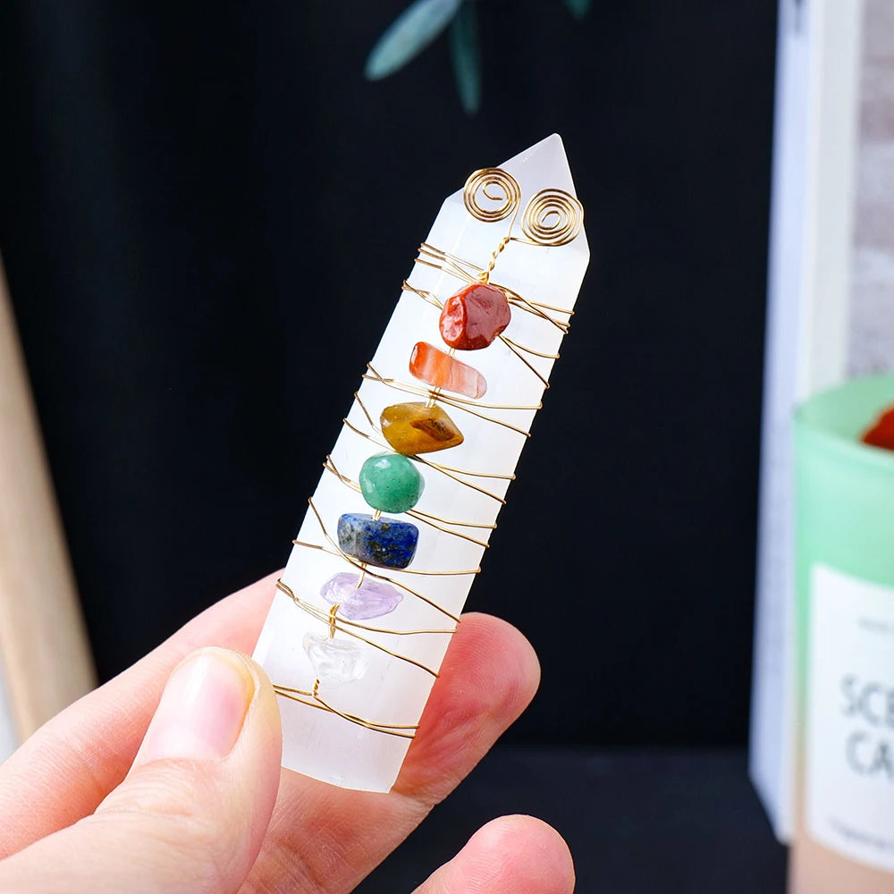 Selenite Chakra Healing Pillar – Handcrafted Crystal Tower with Copper Wire and Chakra Stones