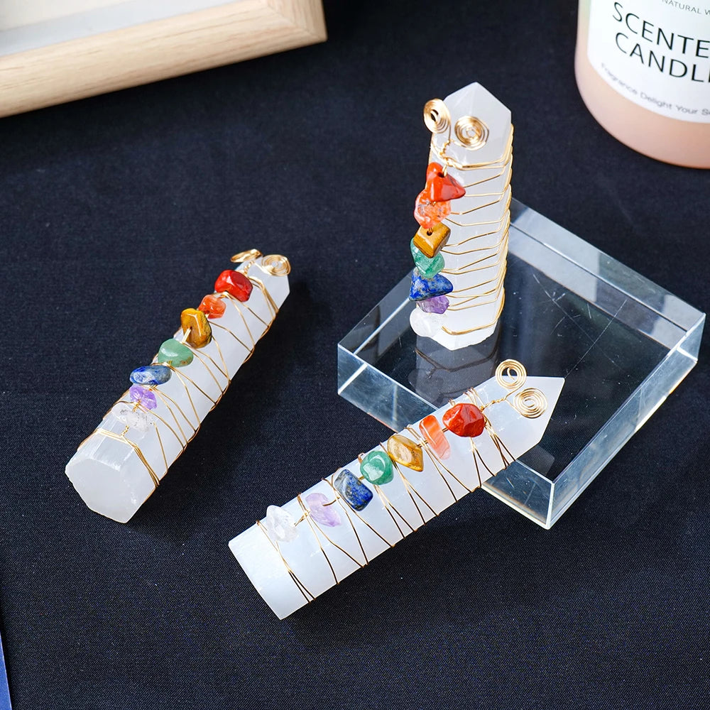 Selenite Chakra Healing Pillar – Handcrafted Crystal Tower with Copper Wire and Chakra Stones