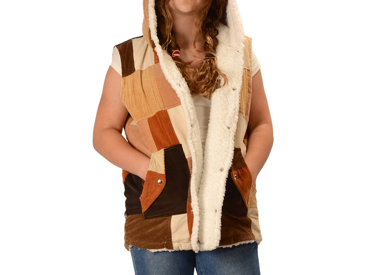 Patchwork Corduroy Sherpa Fleece Lined Hooded Vest