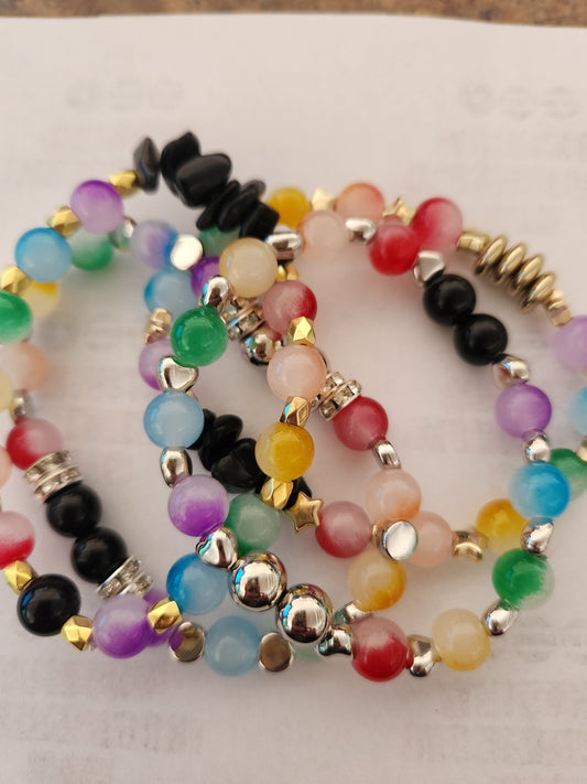 Pride and Protection Bracelet- Rainbow and Obsidian