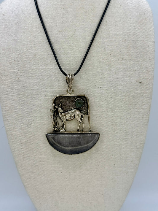 Silver Sheen Obsidian and Labradorite Deer Forest Pendant
