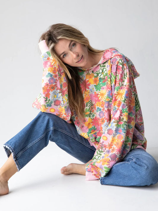 Oversize Printed Hoodie - Rainbow Floral
