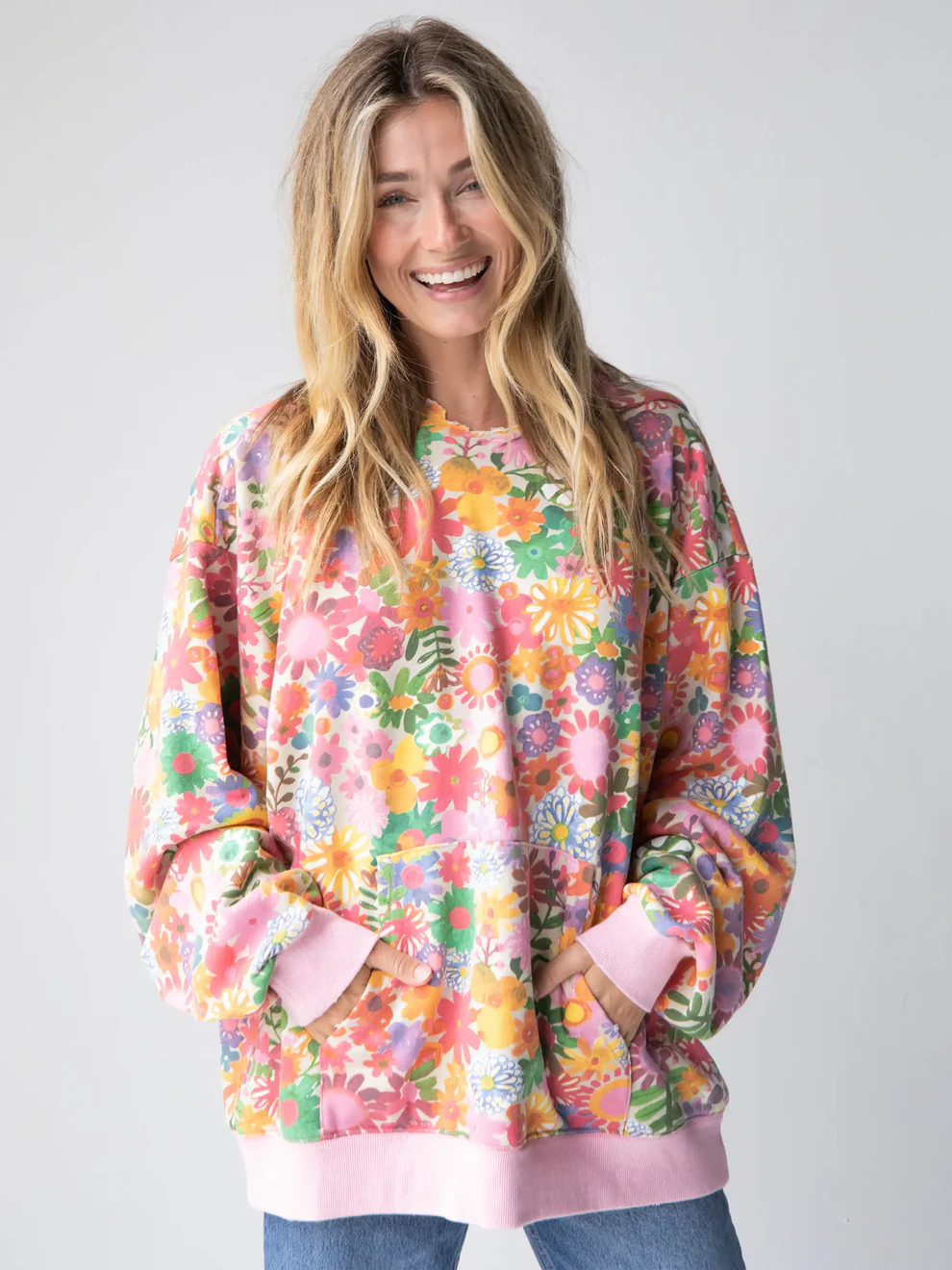 Oversize Printed Hoodie - Rainbow Floral