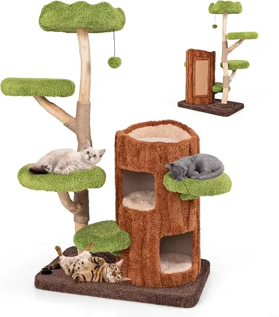 XL Wood Cat Tree, Multi-Level Cat Tower with Double Decker Cat House