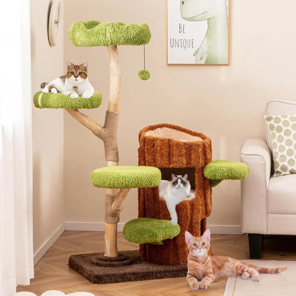 XL Wood Cat Tree, Multi-Level Cat Tower with Double Decker Cat House