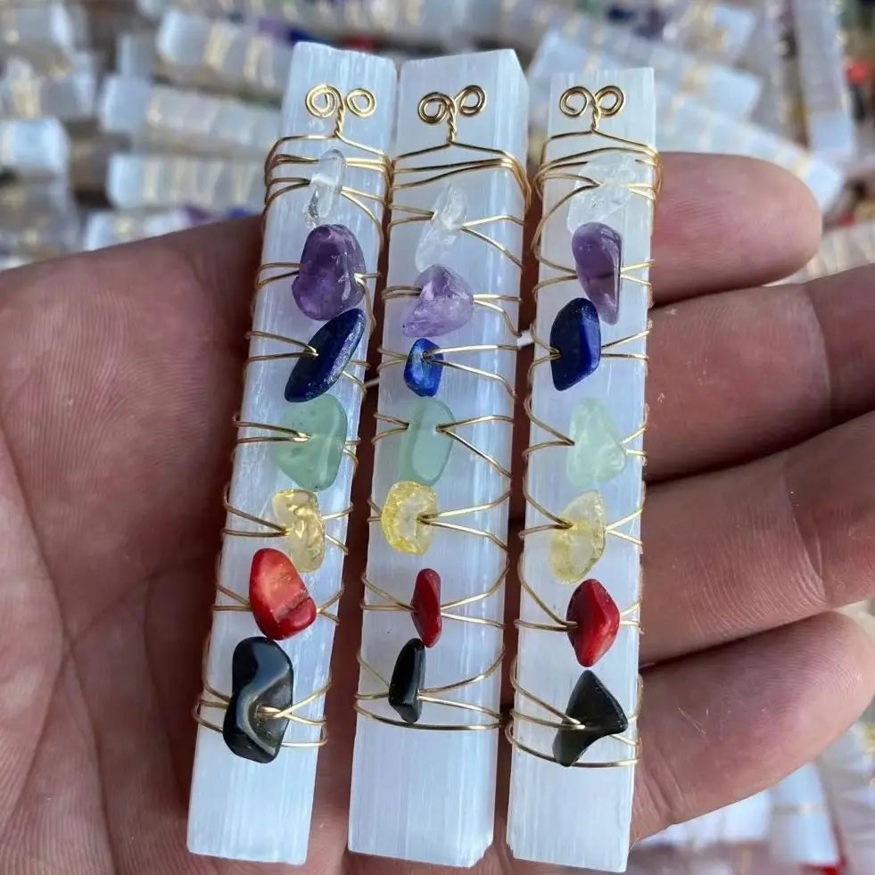 Seven Chakra Healing Selenite Wand - Crystal Energy Tool with Copper Wire