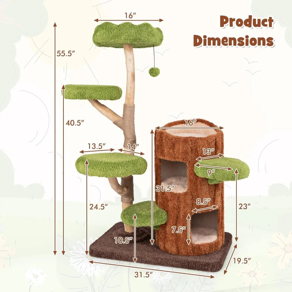 XL Wood Cat Tree, Multi-Level Cat Tower with Double Decker Cat House
