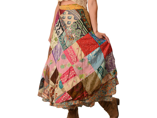 REVERSIBLE PATCHWORK SILK LIKE WRAP SKIRT / DRESS
