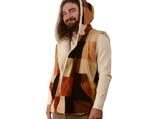 Patchwork Corduroy Sherpa Fleece Lined Hooded Vest